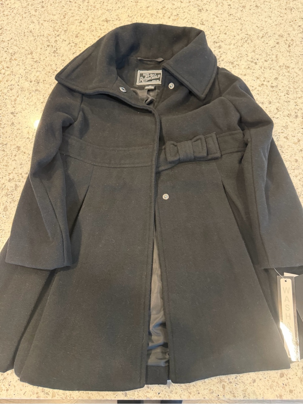 Rothschild Black Girls' Wool-Blend Pea Coat with Waist Bow